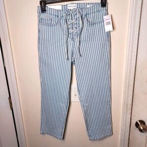 Frayed Stripe Lace-Up Straight-Leg Crop Jeans